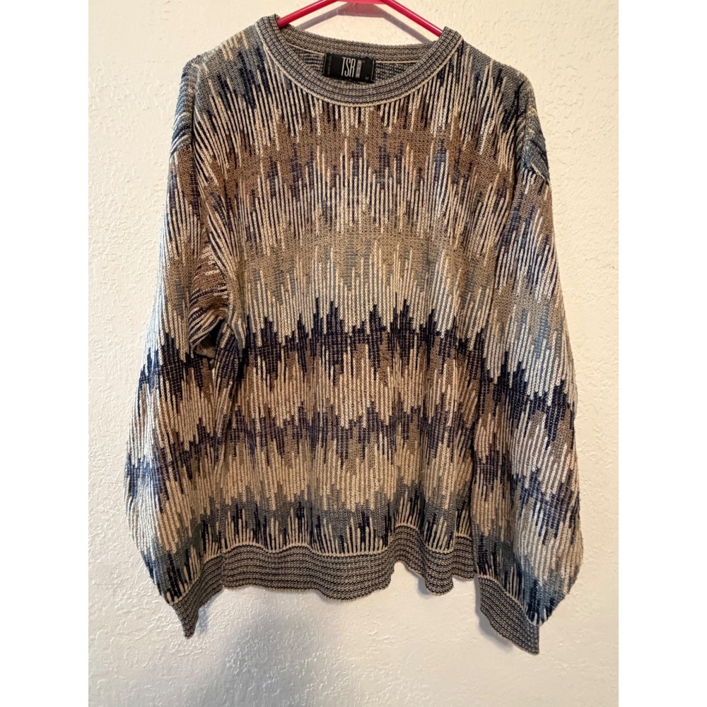 Vintage TSR USA Knit Sweater Mens Medium Grey Tan Blue Abstract Geometric 90s